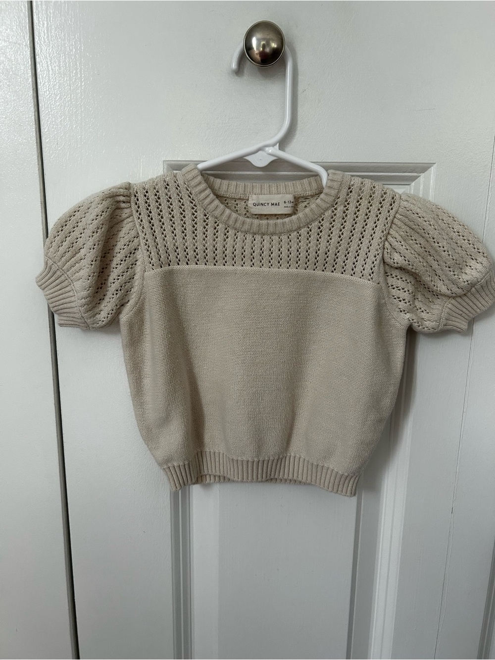 Quincy Mae short sleeve pointelle cream sweater 6-12 months organic cotton